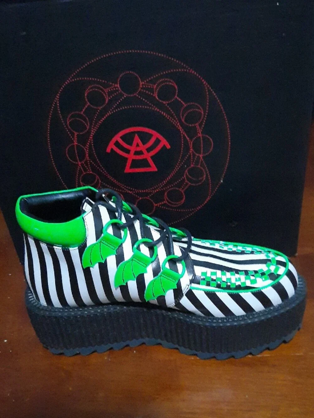 Womens Platform Creeper Shoes in Black White Stripe with Neon Green Trim